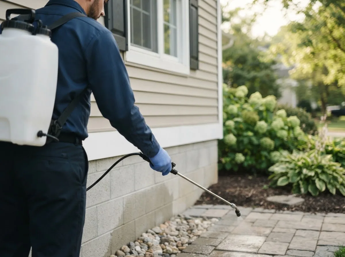 Pest control technician inspecting a home in Saint Edward, NE